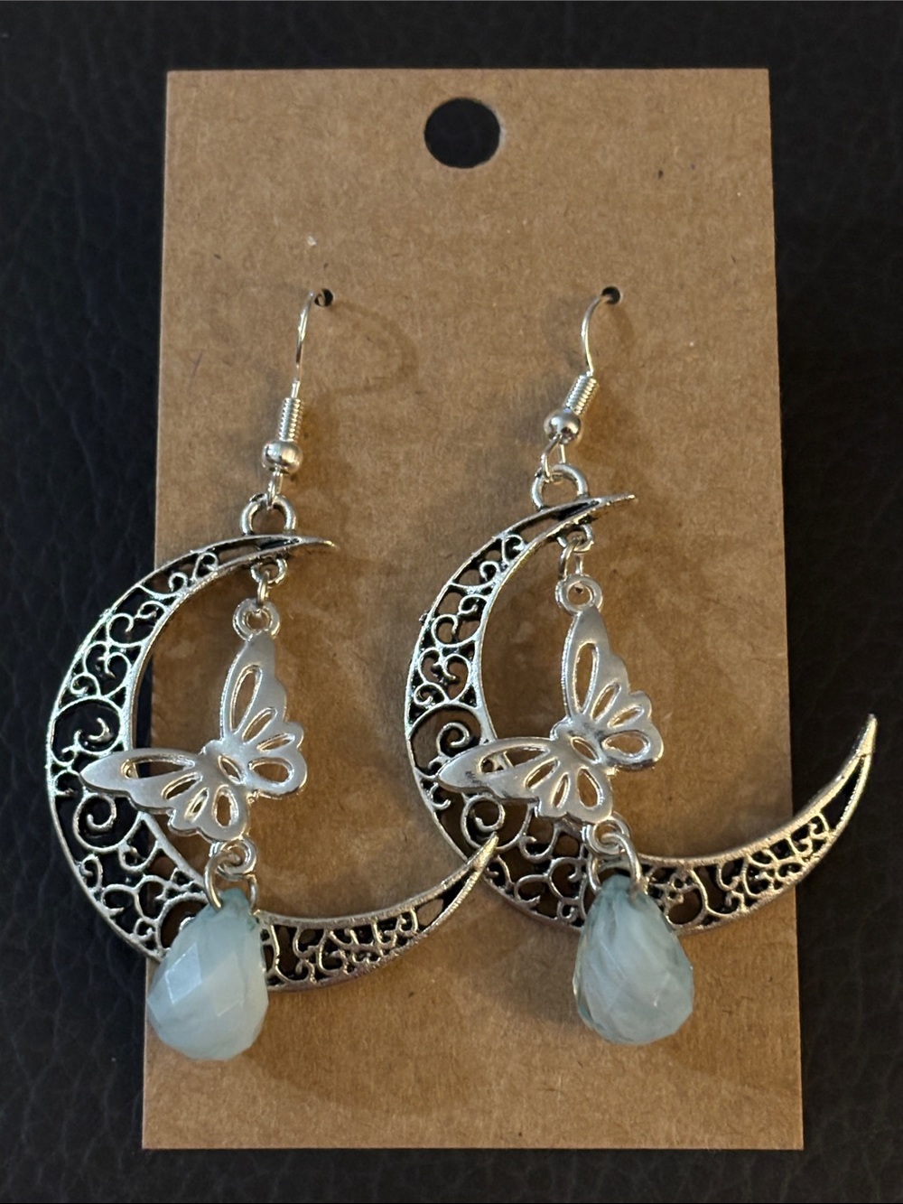 Handmade Silver Crescent Moon & Butterfly Earrings with Light Green Teardrop